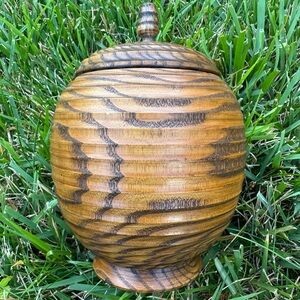 Antique Korean wood box circular carved box with lid